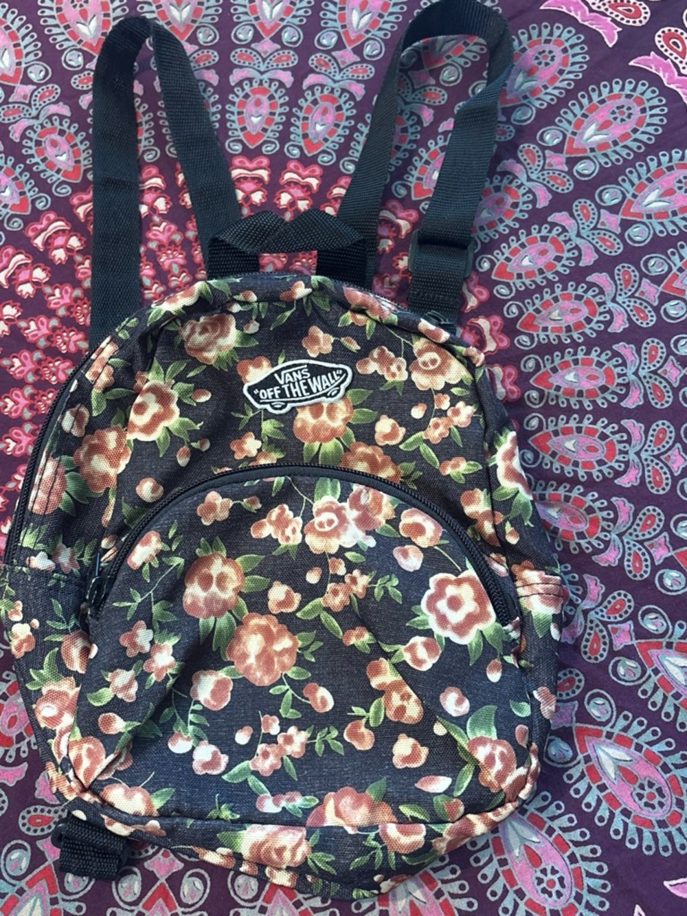 Vans Black Mini Backpack with Peach Floral Print
